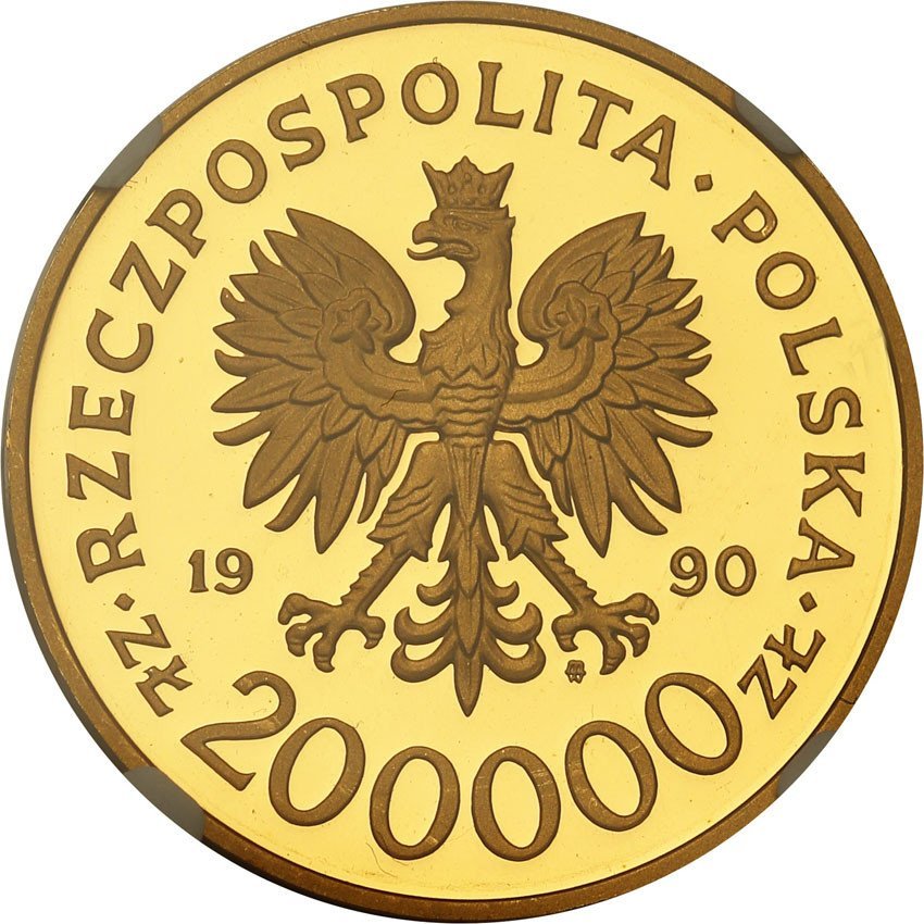 III RP. 200.000 złotych 1990 Solidarność 32 mm NGC PF69 ULTRA CAMEO